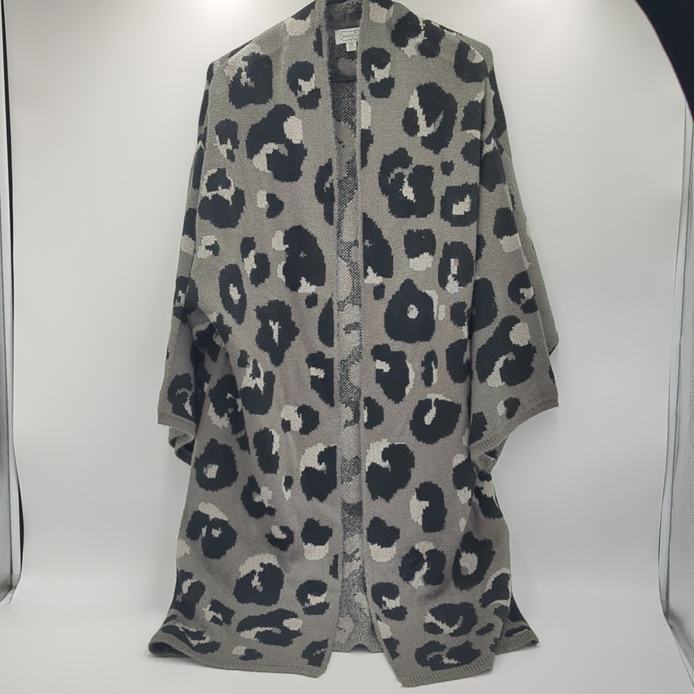 Mud Pie Leopard Print Cardigan Sweater Gray One Size Mob Wife Eclectic Boho Chic